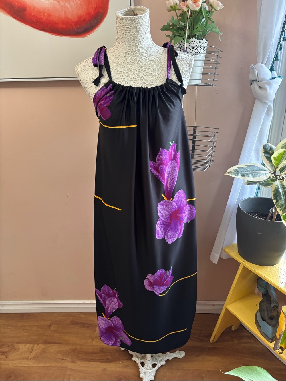 Vintage Black Midi Dress/Swimsuit Cover Up with Purple Floral Accents